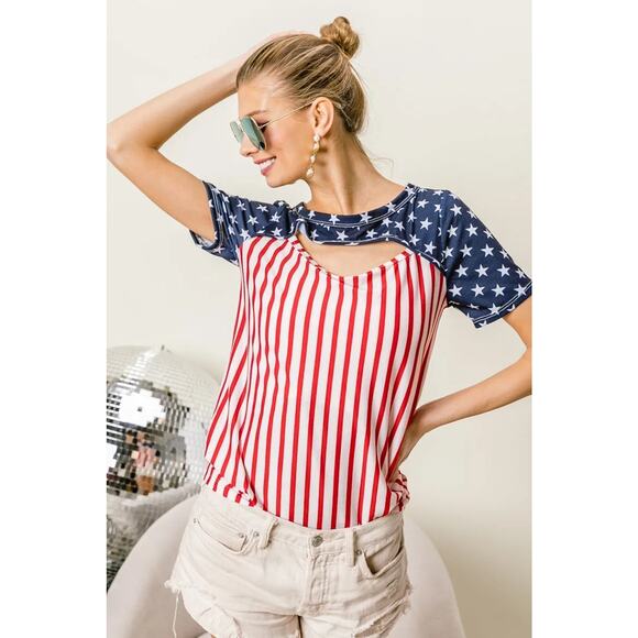BiBi American Flag Theme Front Cut Out Short Sleeves Round Neck Top | Red Stripe - Picture 8 of 12